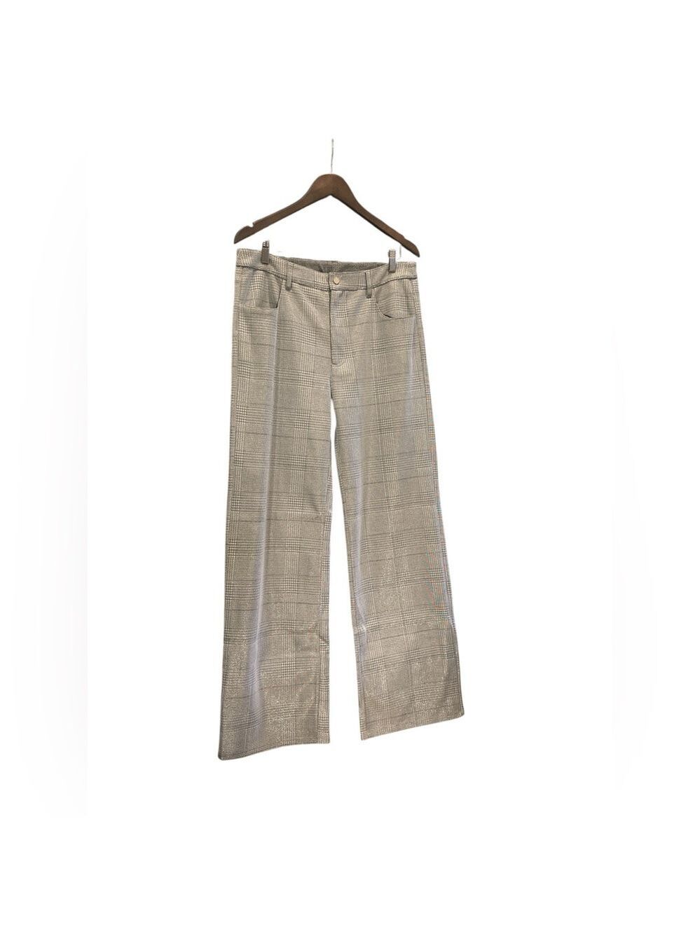 Noli Large Silver gray Plaid Shiny Straight Leg Pants
